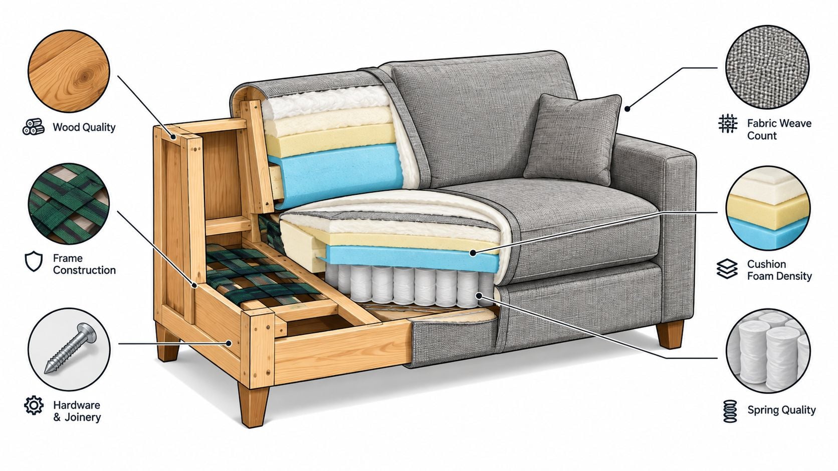 A cutaway view of a modern sofa highlighting its internal construction including wooden frame, upholstery, foam, and springs.