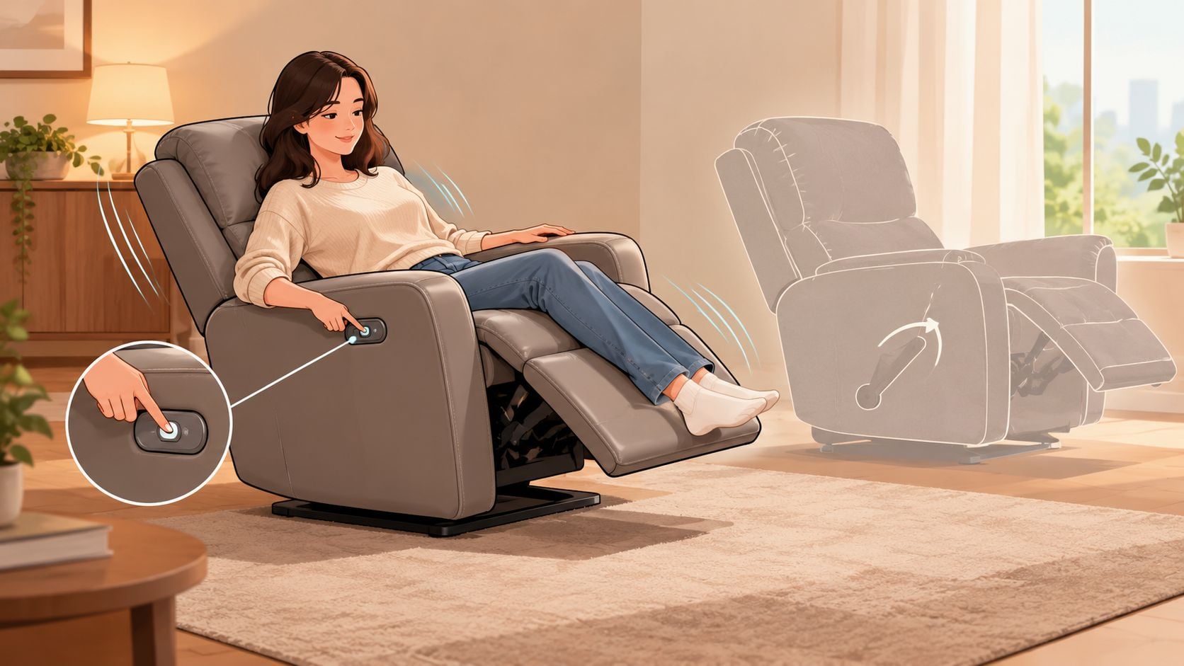 A woman comfortably sitting in a grey power recliner chair using the electronic side control button.