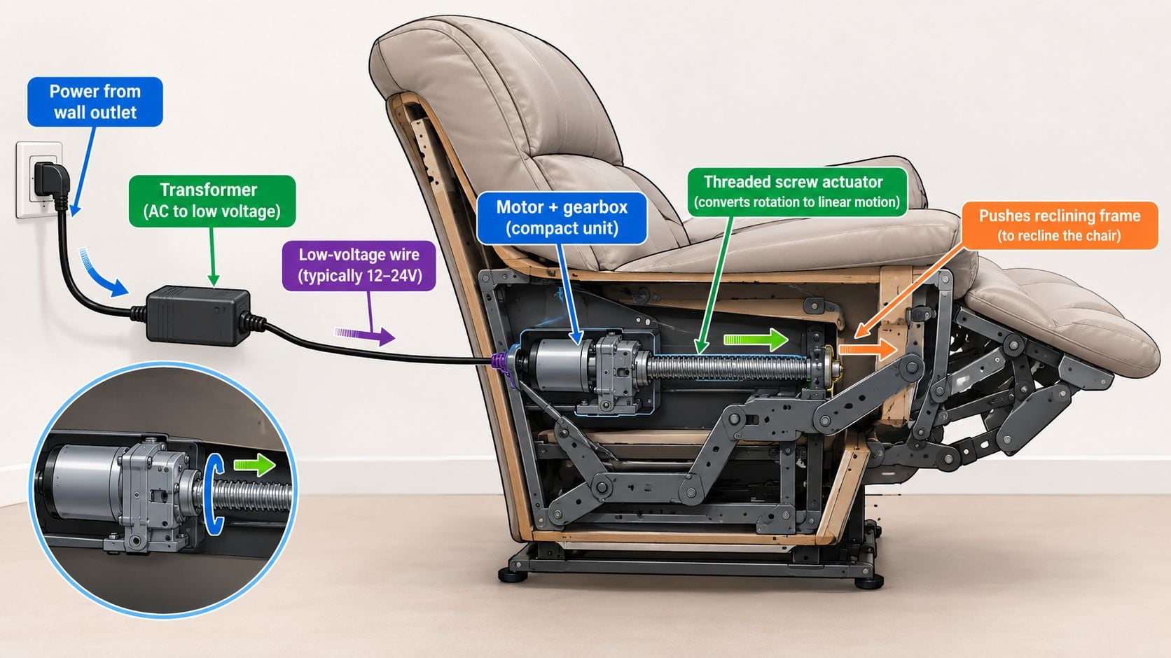 A cutaway diagram showing the internal electrical motor and screw actuator mechanism inside a power recliner chair.