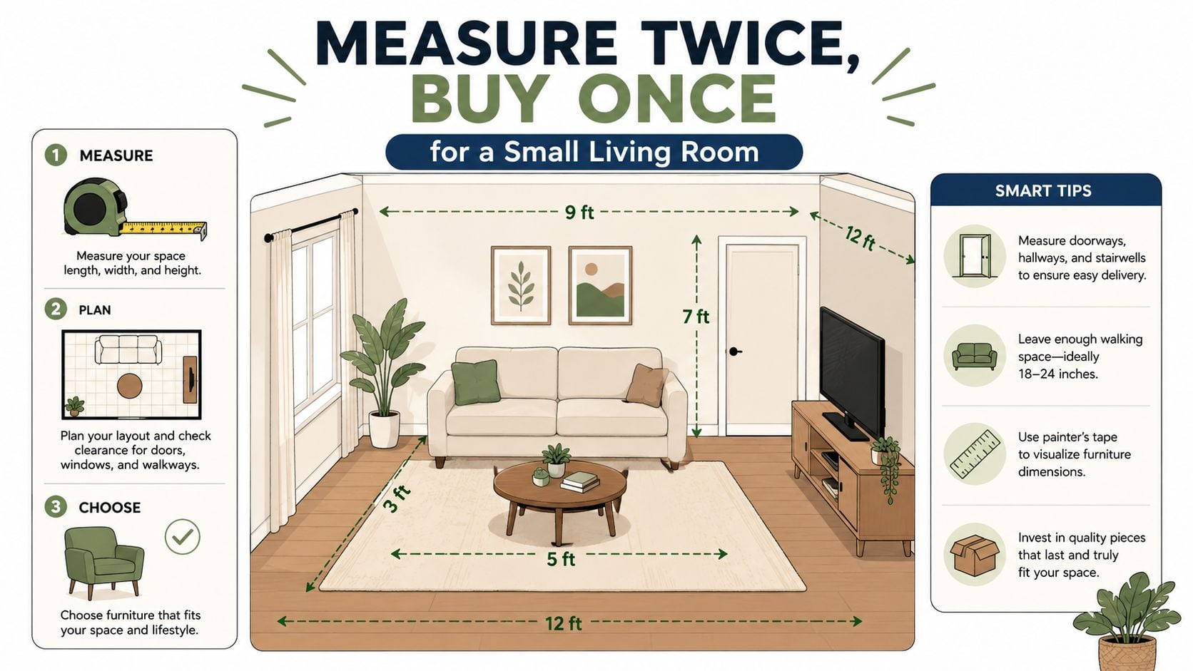 An infographic illustration showing tips on how to measure and plan for furniture in small living rooms.