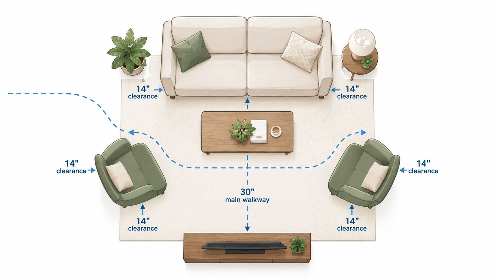 A top-down floor plan diagram illustrating optimal furniture layout and clearance spacing for a small living room.