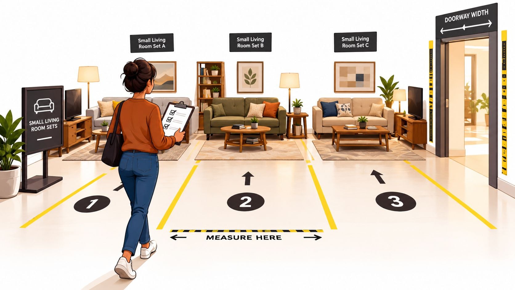 A woman with a clipboard walking toward three distinct small living room sets in a showroom.