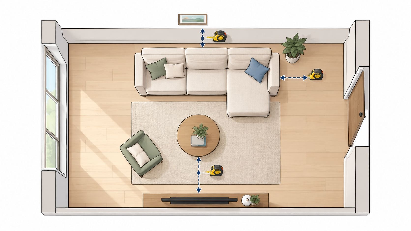 Top-down view of a modern living room floor plan showing a sectional sofa and measuring tape tools.