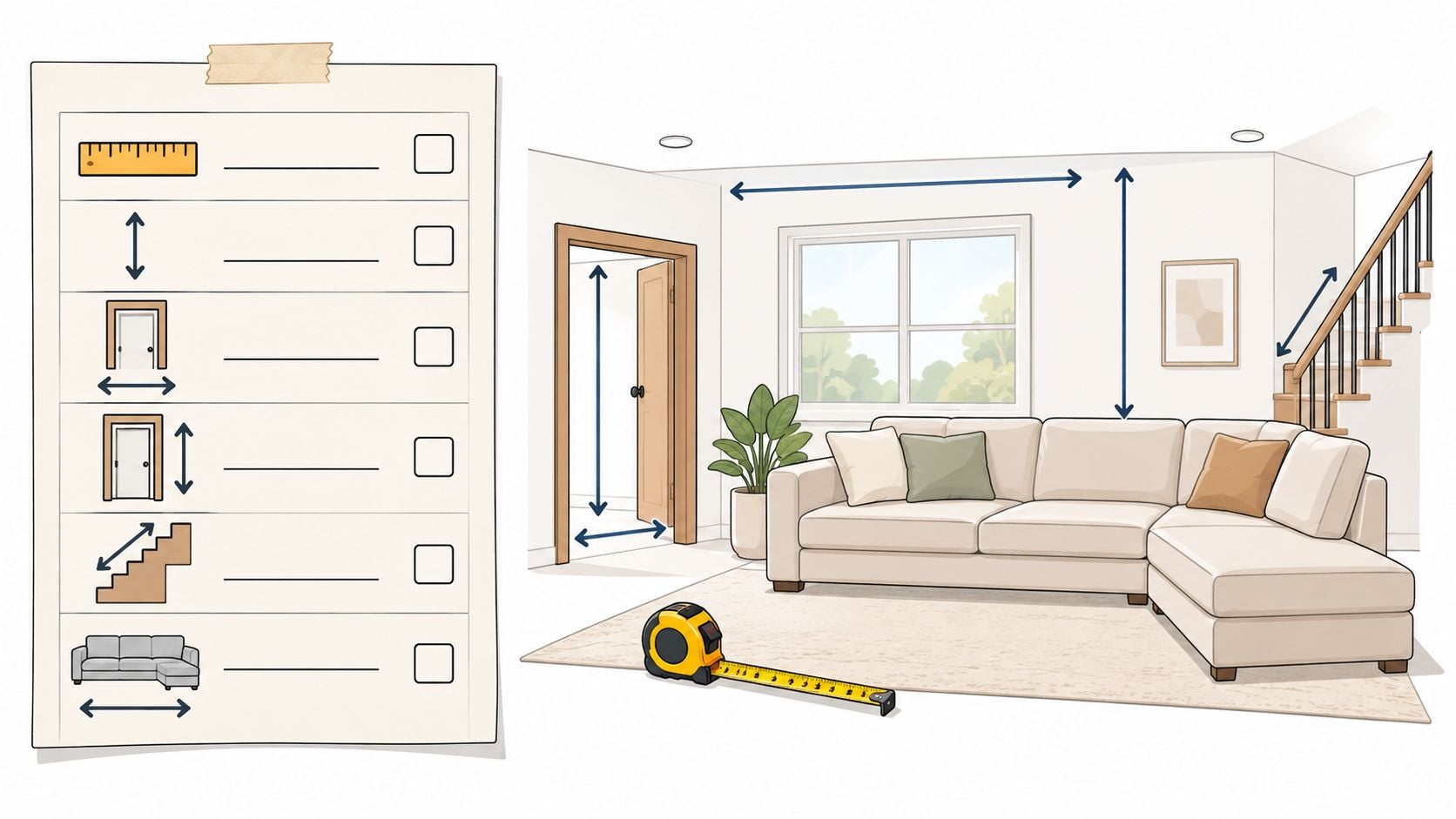 An illustration showing a room with a sofa and measuring tools, alongside a checklist for furniture measurements.