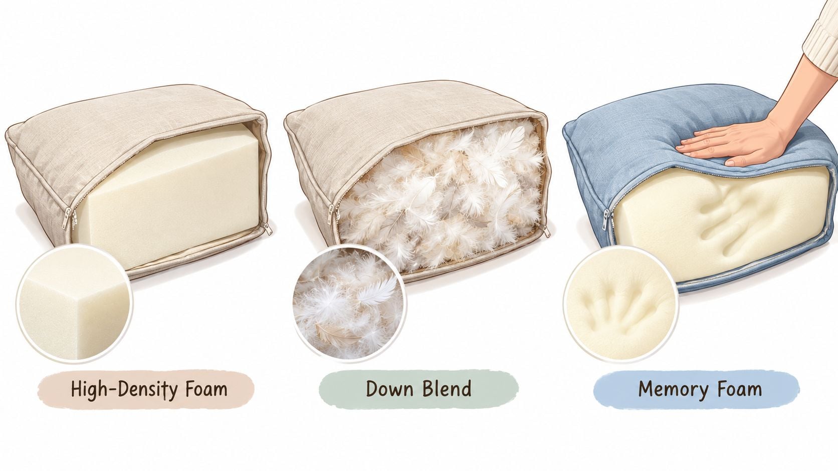 A diagram comparing three different sofa cushion fillings including high-density foam, down blend, and memory foam options.