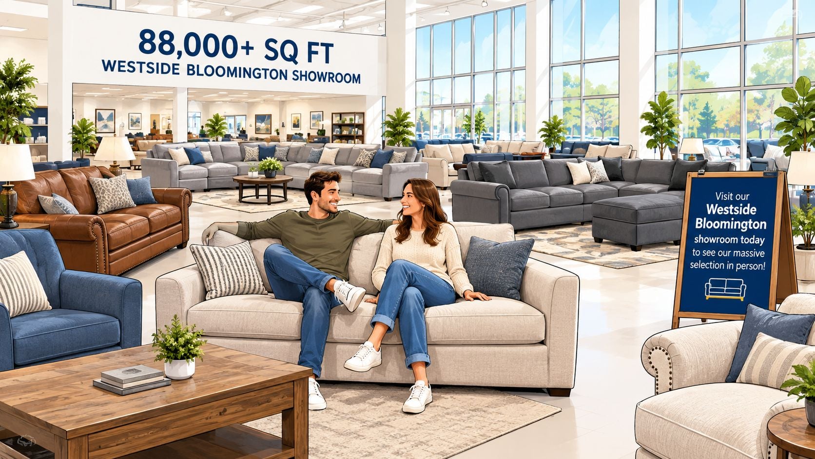 A couple sitting on a comfortable sofa in a large furniture showroom with many displayed couches.
