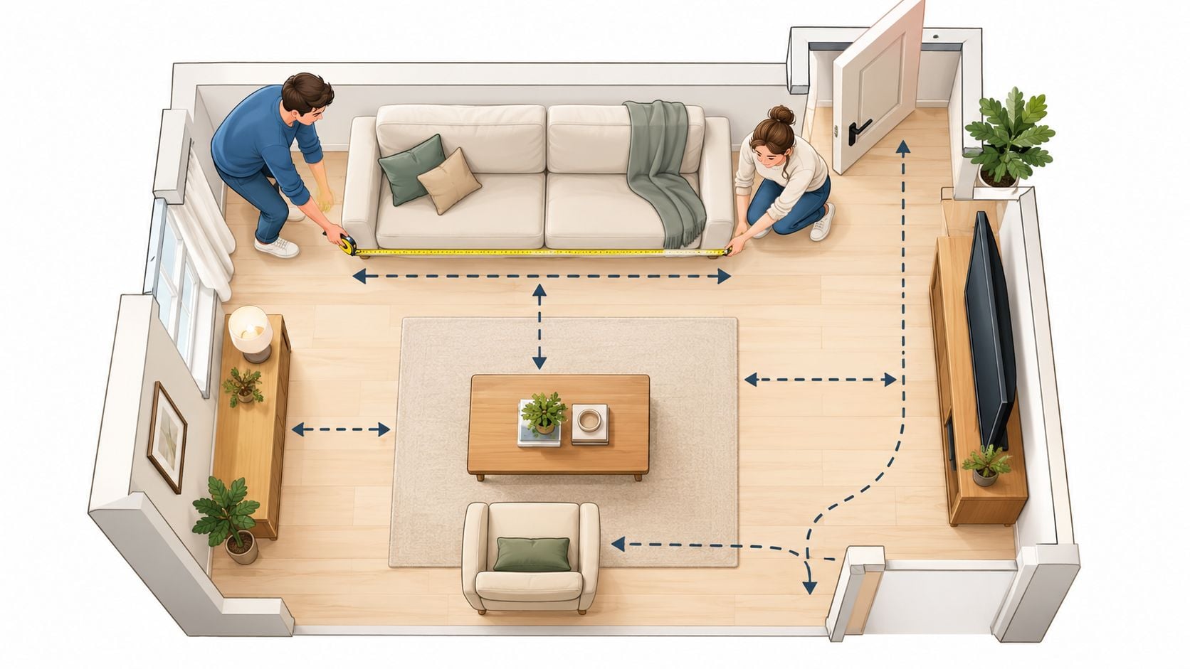 A man and woman measuring the dimensions of a beige sofa in a cozy living room.