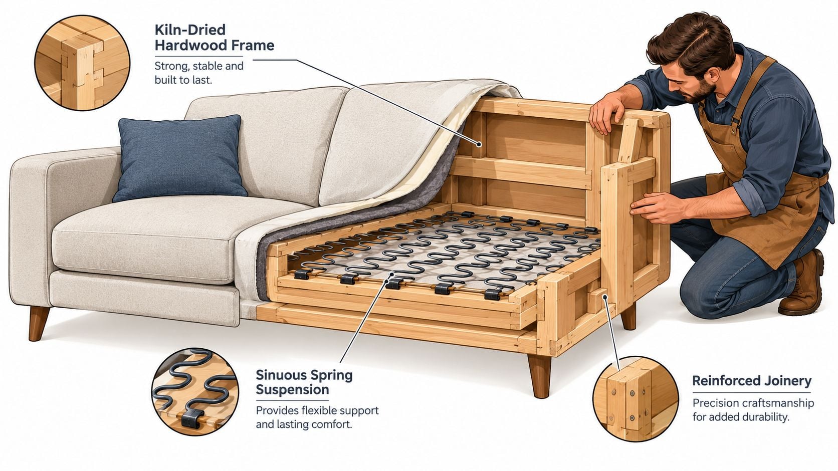 A furniture maker assembling a high-quality sofa frame with reinforced joinery and sinuous spring suspension components.
