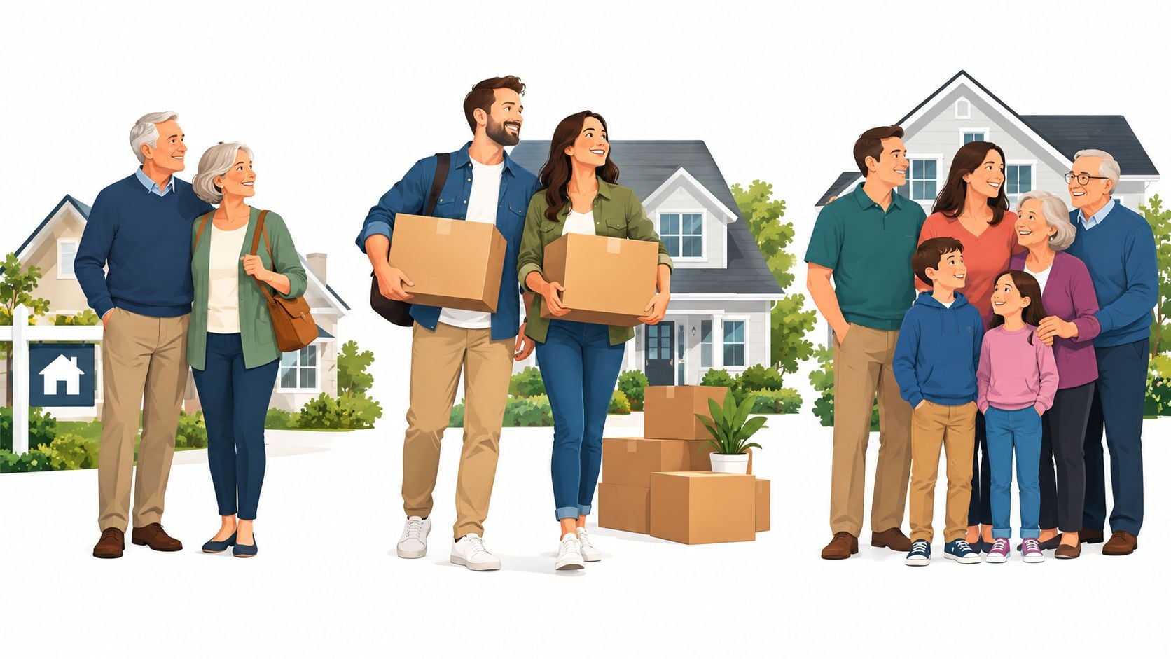 A collage showing three different multi-generational families preparing to move into new houses with cardboard boxes.