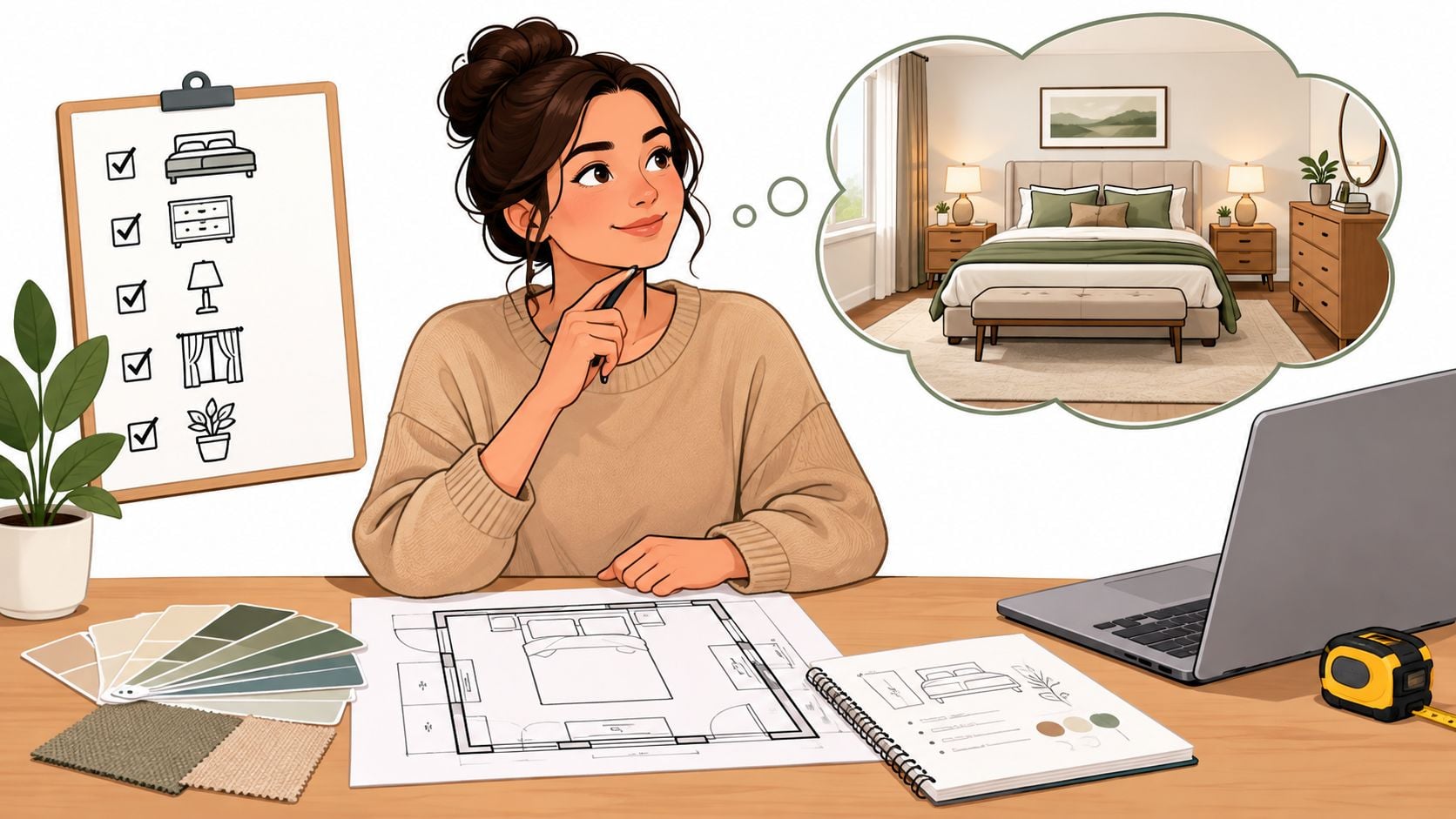An interior designer plans a bedroom layout using furniture blueprints, color swatches, and a laptop.