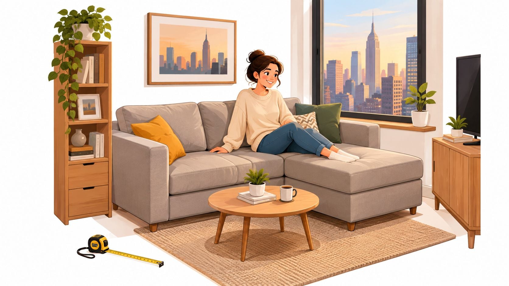 A happy young woman relaxing on a cozy grey sectional sofa in her sunlit apartment living room.