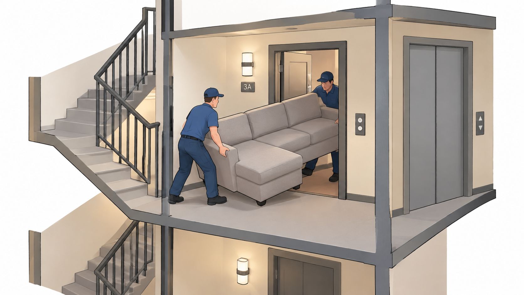 Two professional movers carefully carrying a light grey sectional sofa out of an apartment building elevator.