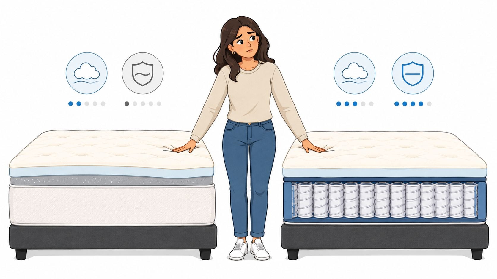 A woman comparing two different mattress types, one being foam and the other being a spring mattress.