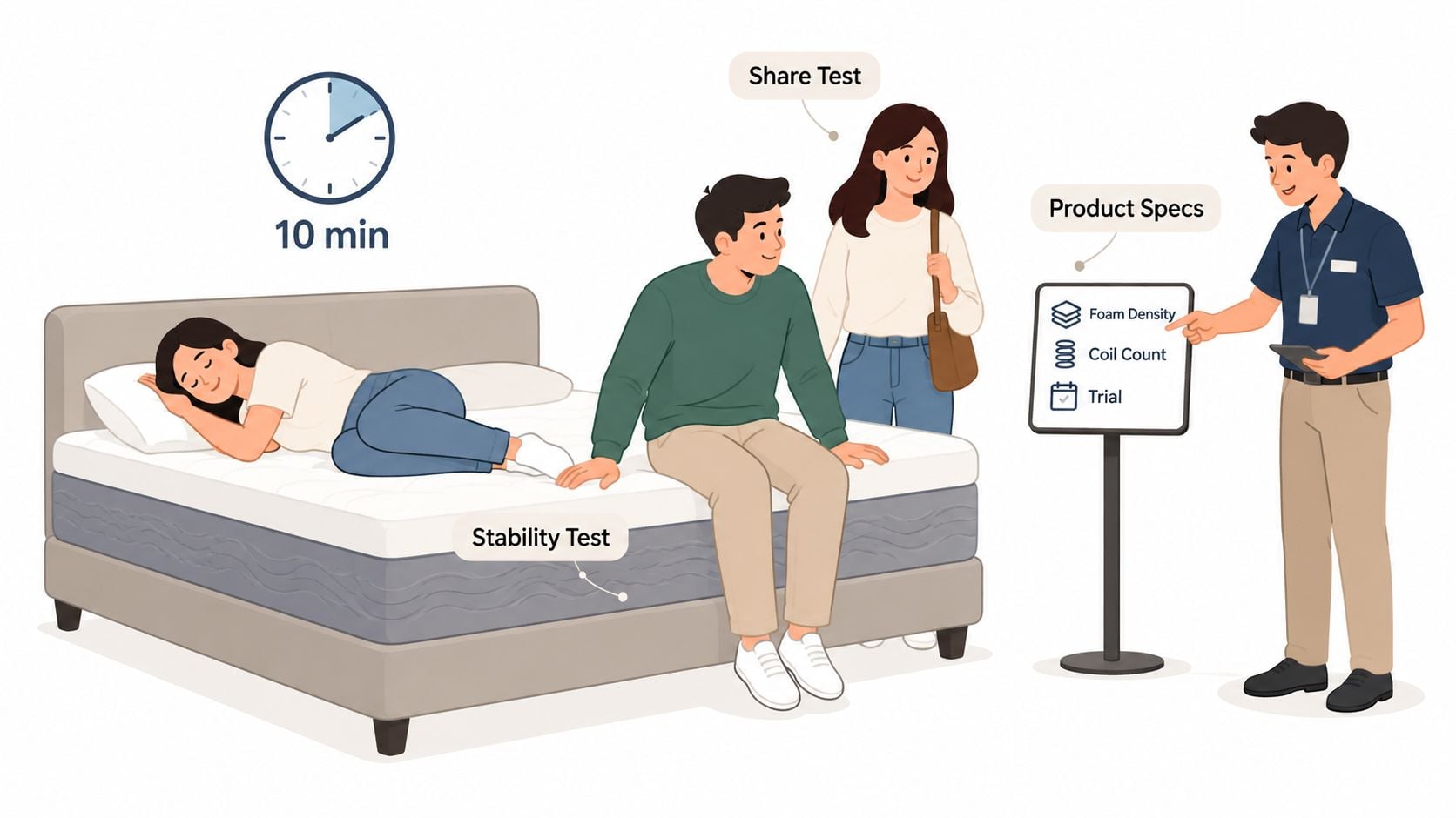 A salesperson presenting product specifications to a couple testing a full plush mattress in a store.