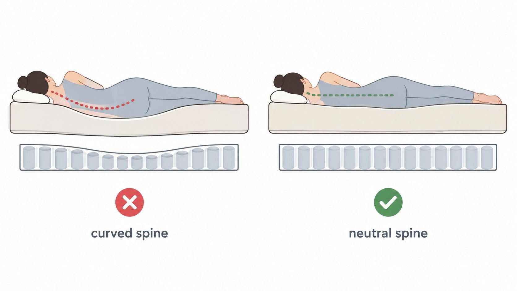 A side-by-side comparison of a person sleeping on a mattress, showing curved versus neutral spine alignment.