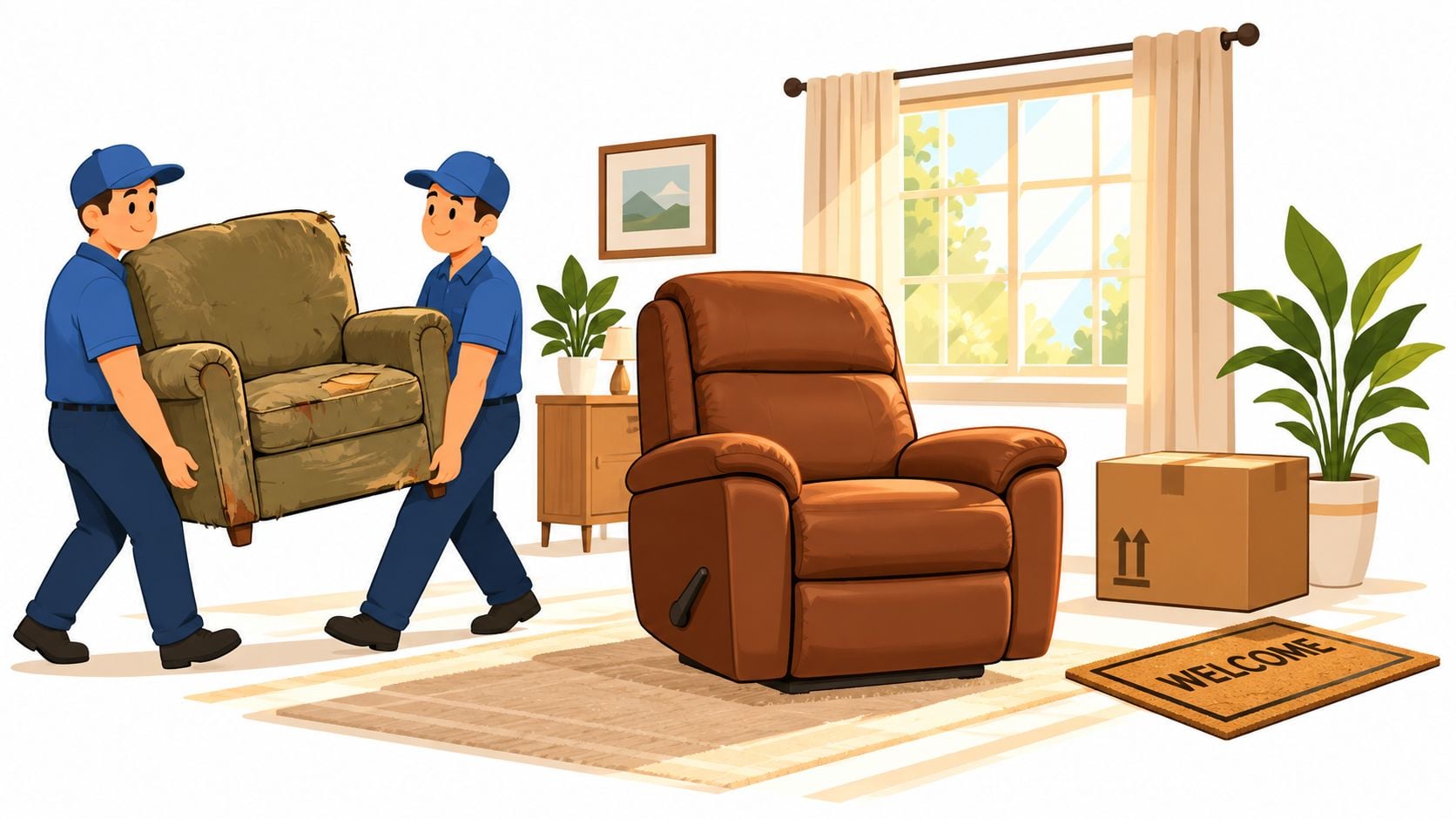 Two movers carrying an old worn chair past a brand new brown leather recliner in a room.
