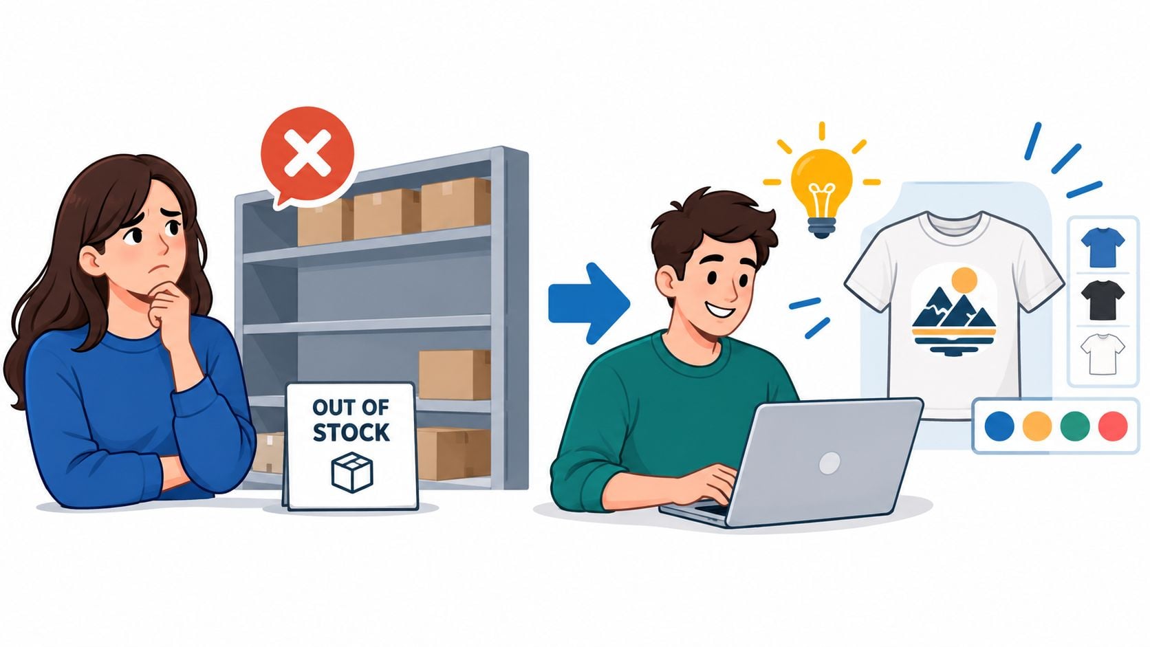A woman looks concerned at an empty shelf while a man designs apparel on a computer.