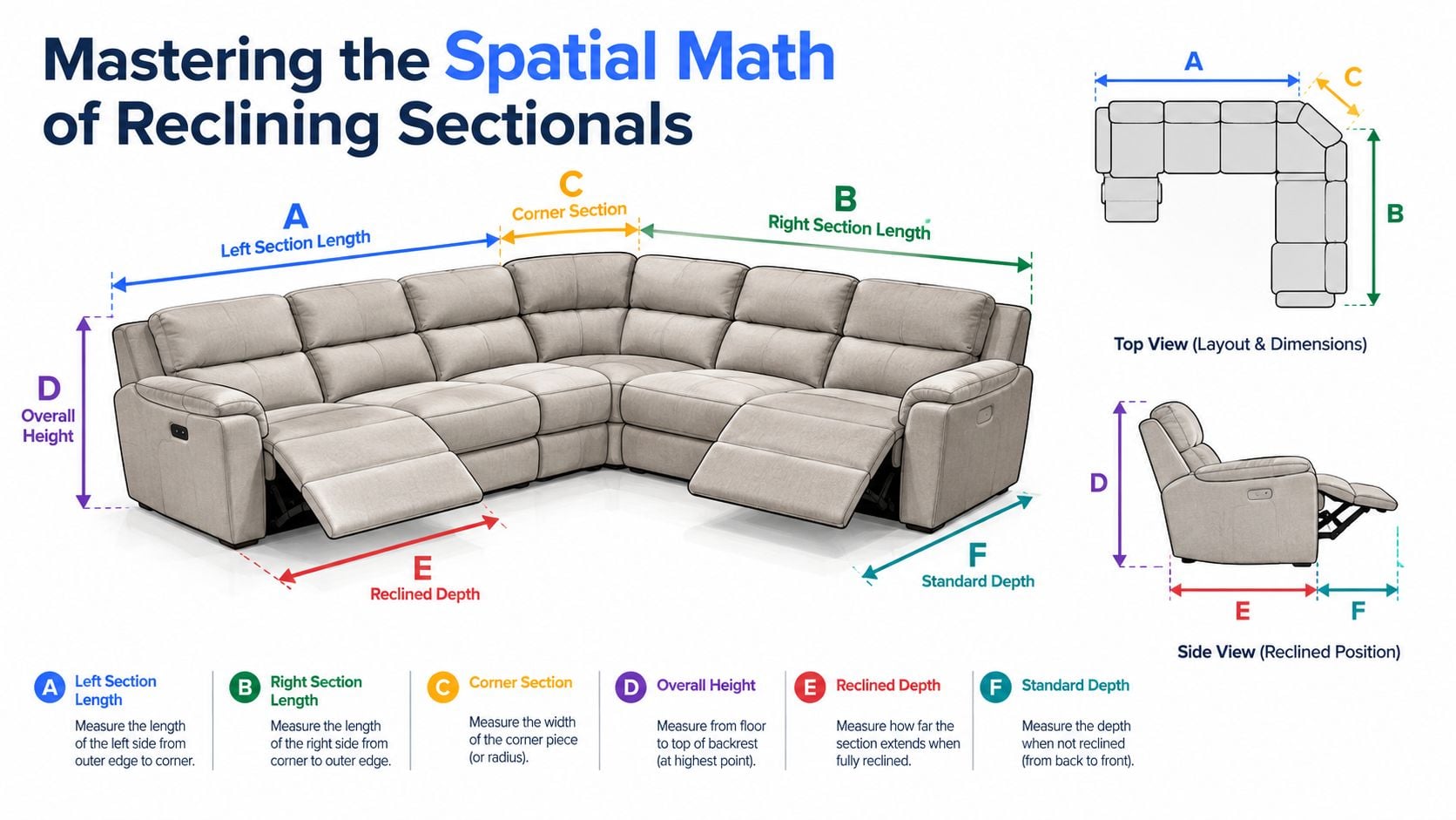A diagram illustrating how to measure various dimensions of a reclining sectional sofa for optimal room planning.