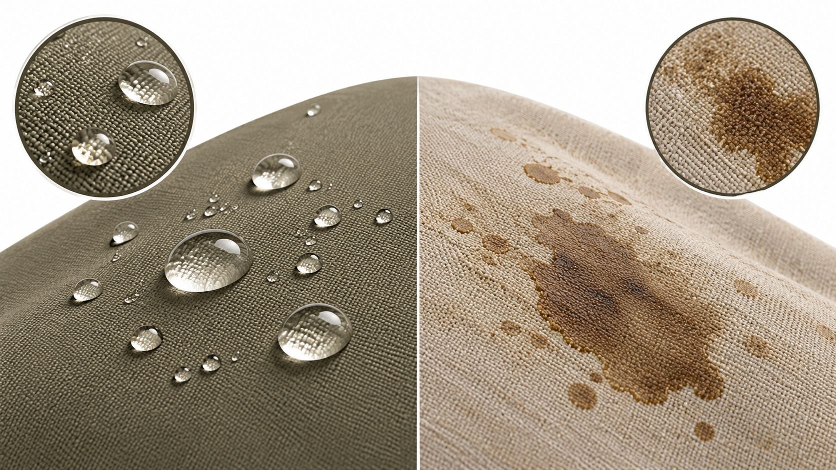 A split screen comparison showing water beading on a performance fabric versus liquid soaking into untreated fabric.
