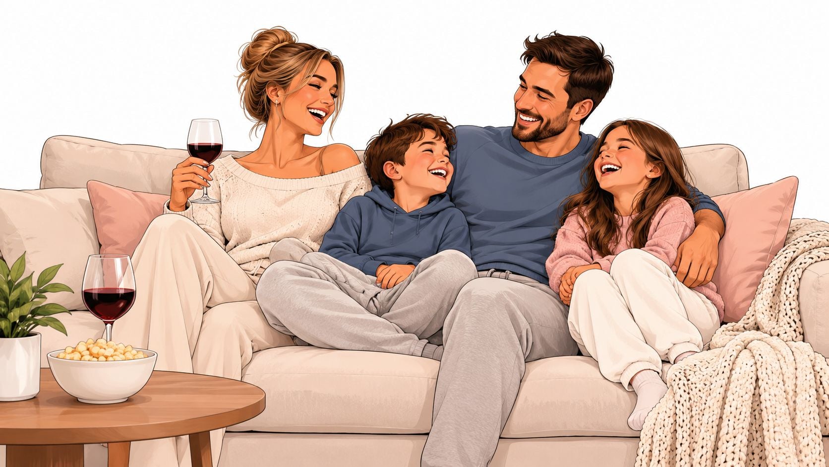 A happy family sitting together on a comfortable performance fabric sofa while laughing and drinking wine.