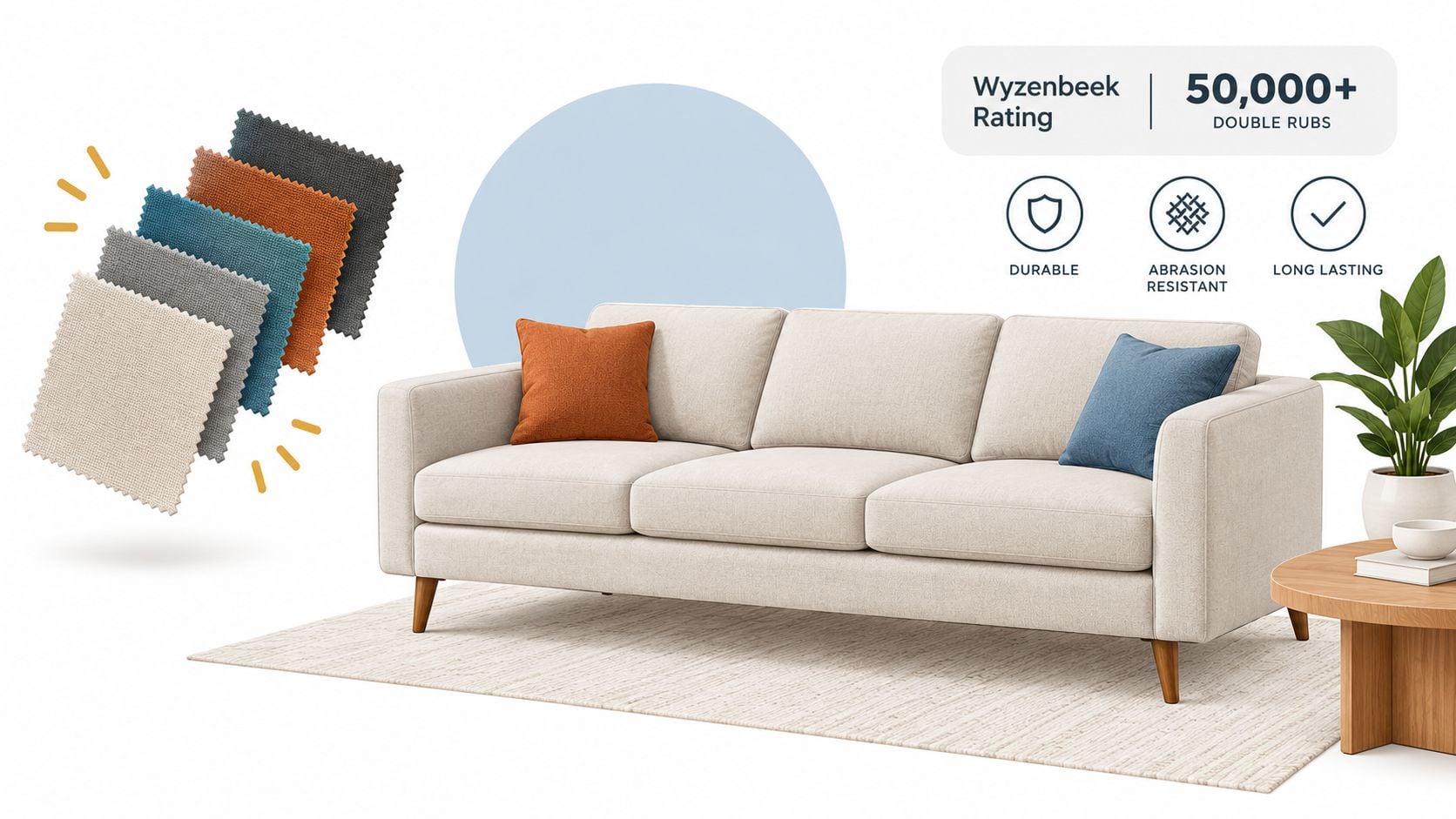 A beige performance fabric sofa with color swatches showing durability and abrasion resistance ratings on display.