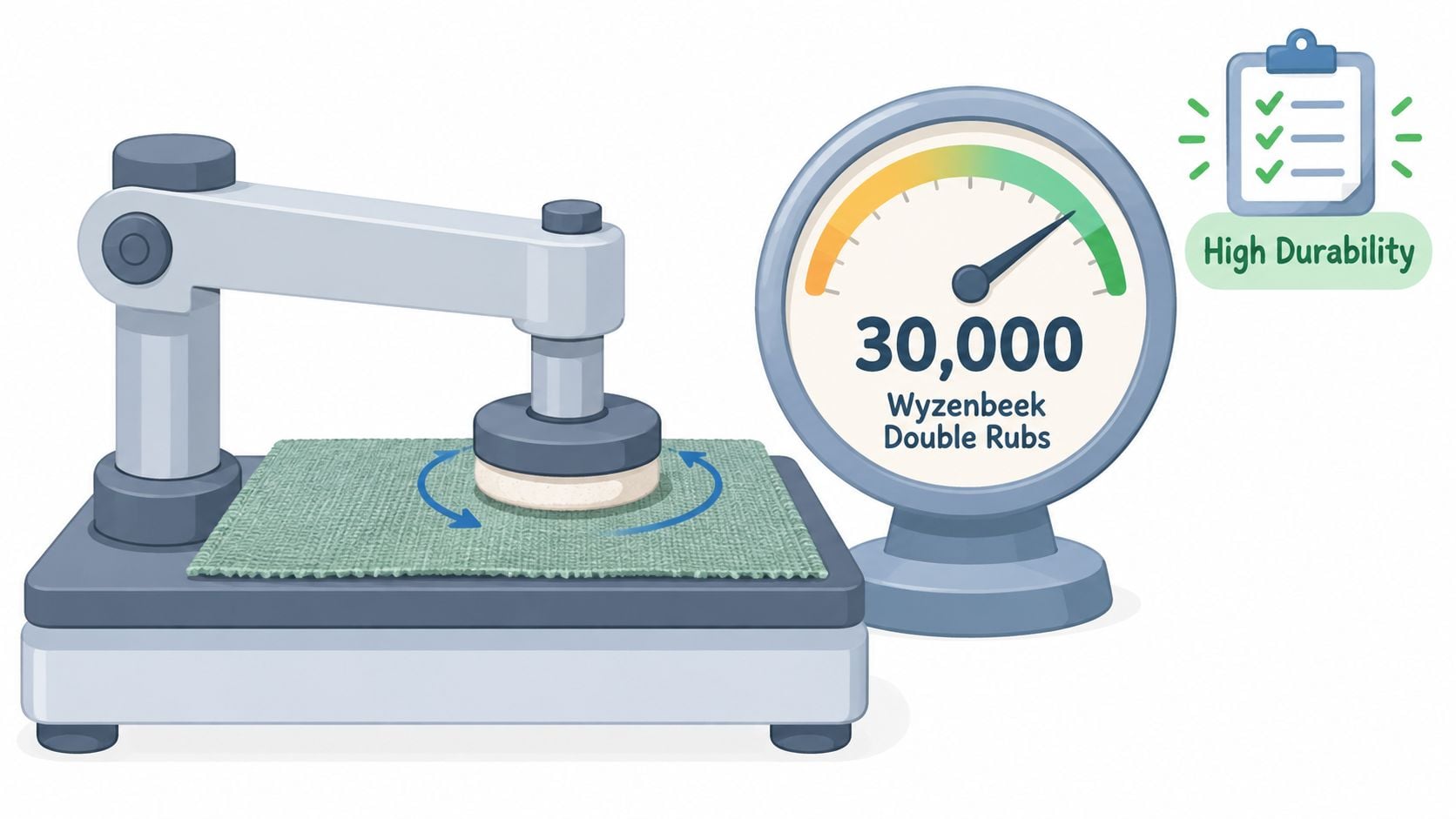 A durability testing machine rubbing green fabric with a gauge reading 30,000 Wyzenbeek double rubs.