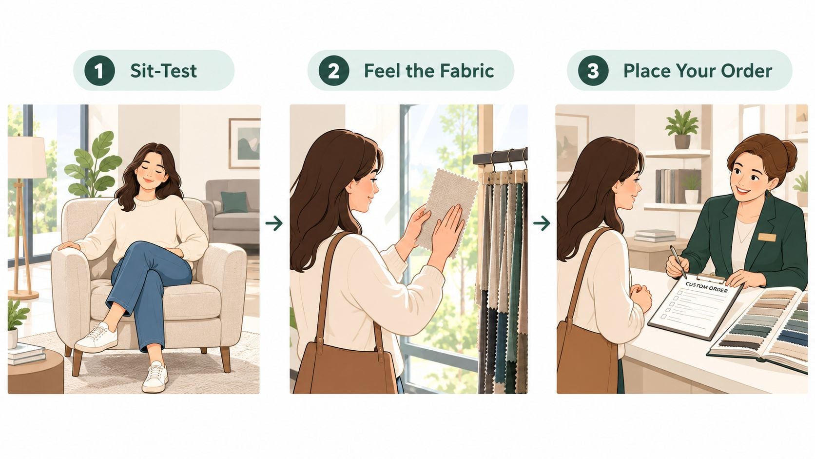 A woman testing a furniture chair, choosing fabric samples, and placing a custom order at a store.