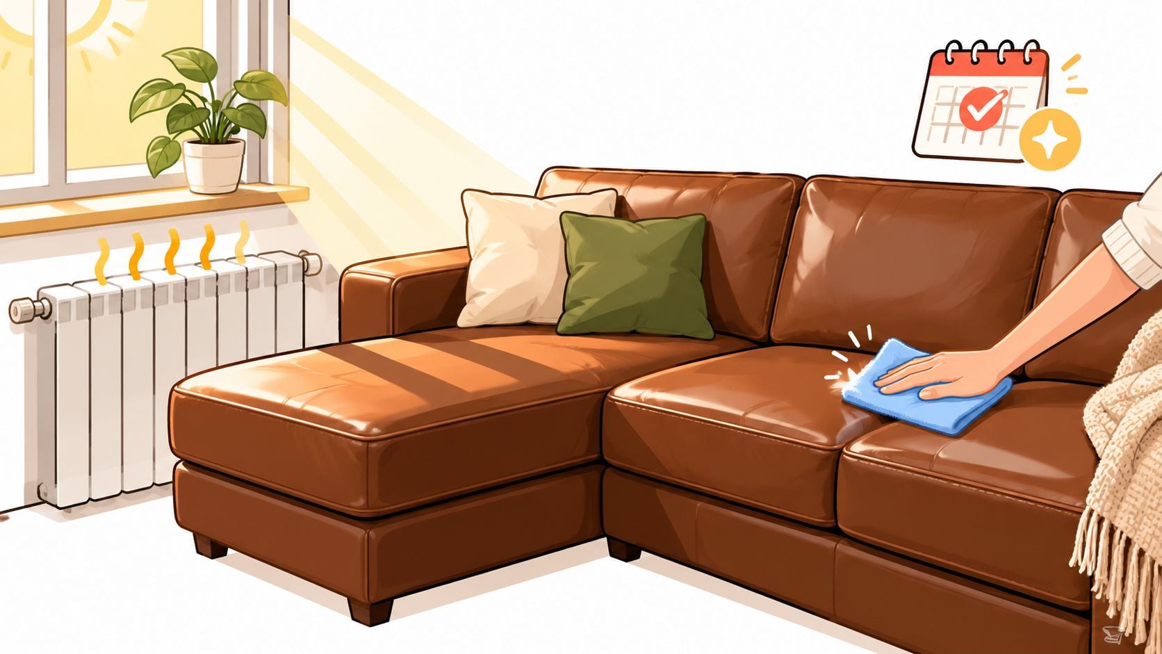 A person cleaning a brown faux leather sectional sofa with a blue cloth in a bright living room.
