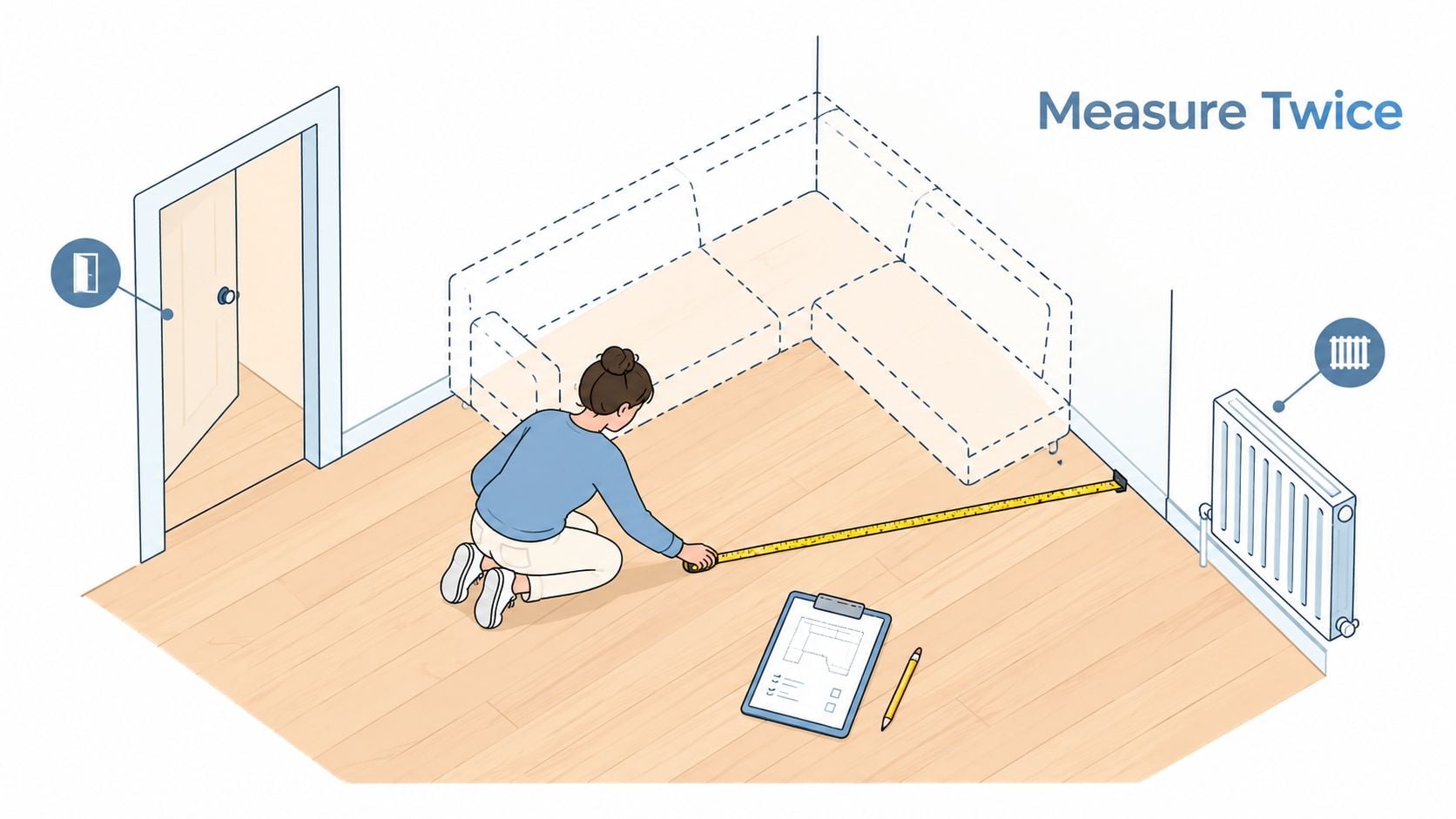 A person kneeling on a wooden floor, using a tape measure to check space for a sofa.