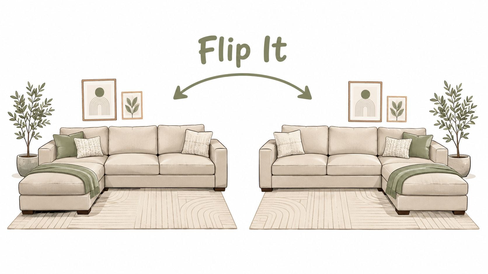 A line drawing illustration showing a reversible chaise sectional sofa with two mirrored layout configurations.